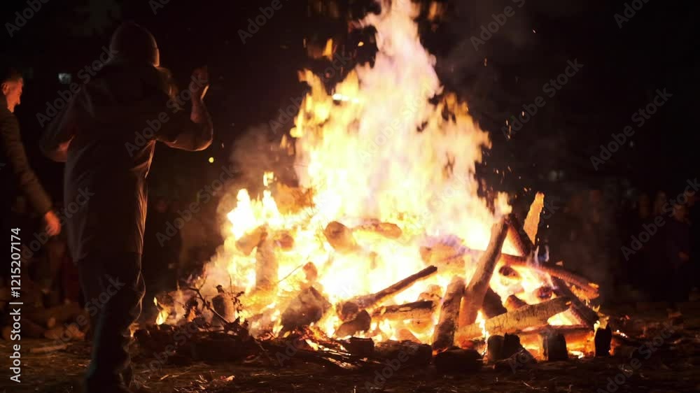 A man throws a Christmas log burned on Christmas Eve