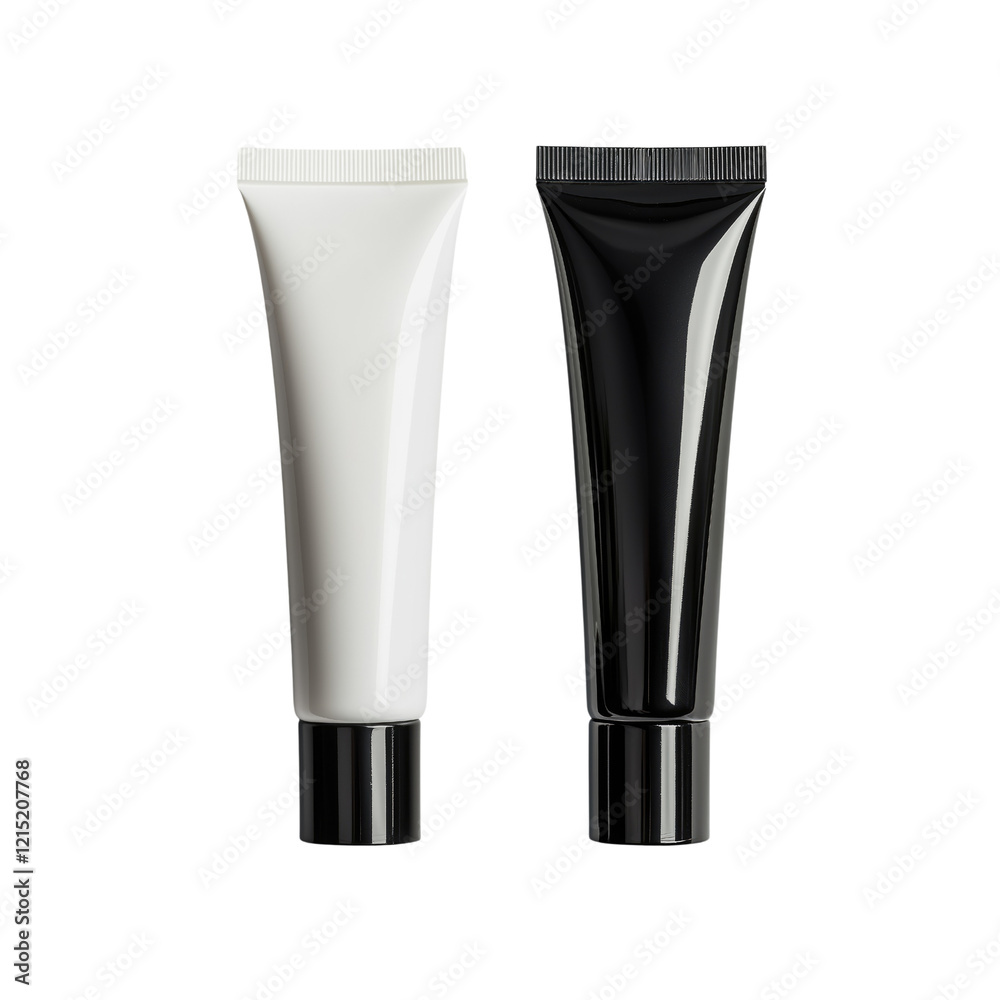 Black and white cosmetic tubes with minimalist design on white or transparent background Black and white cosmetic tubes with minimalist design on white or transparent background