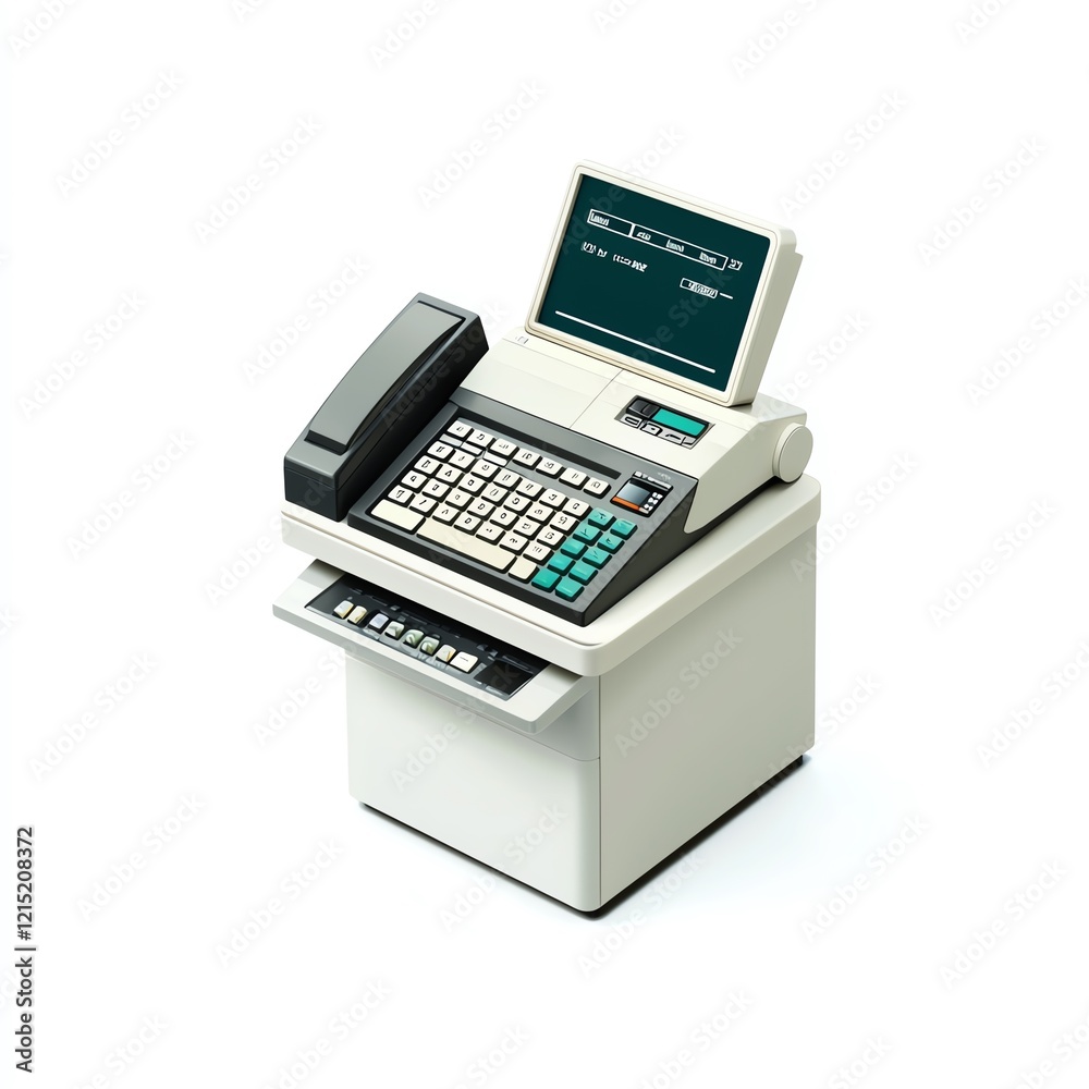 A modern cash register with a built-in screen and keyboard, designed for efficient retail transactions. A modern cash register with a built-in screen and keyboard, designed for efficient retail transactions.