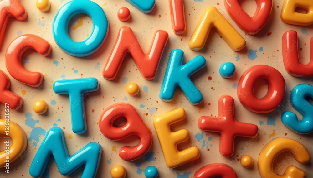 Fototapeta premium A lively arrangement of bright blue, red, and yellow plastic letters sprawls across a textured surface, creating a fun and engaging atmosphere. The playful mix of letters, with splashes of color