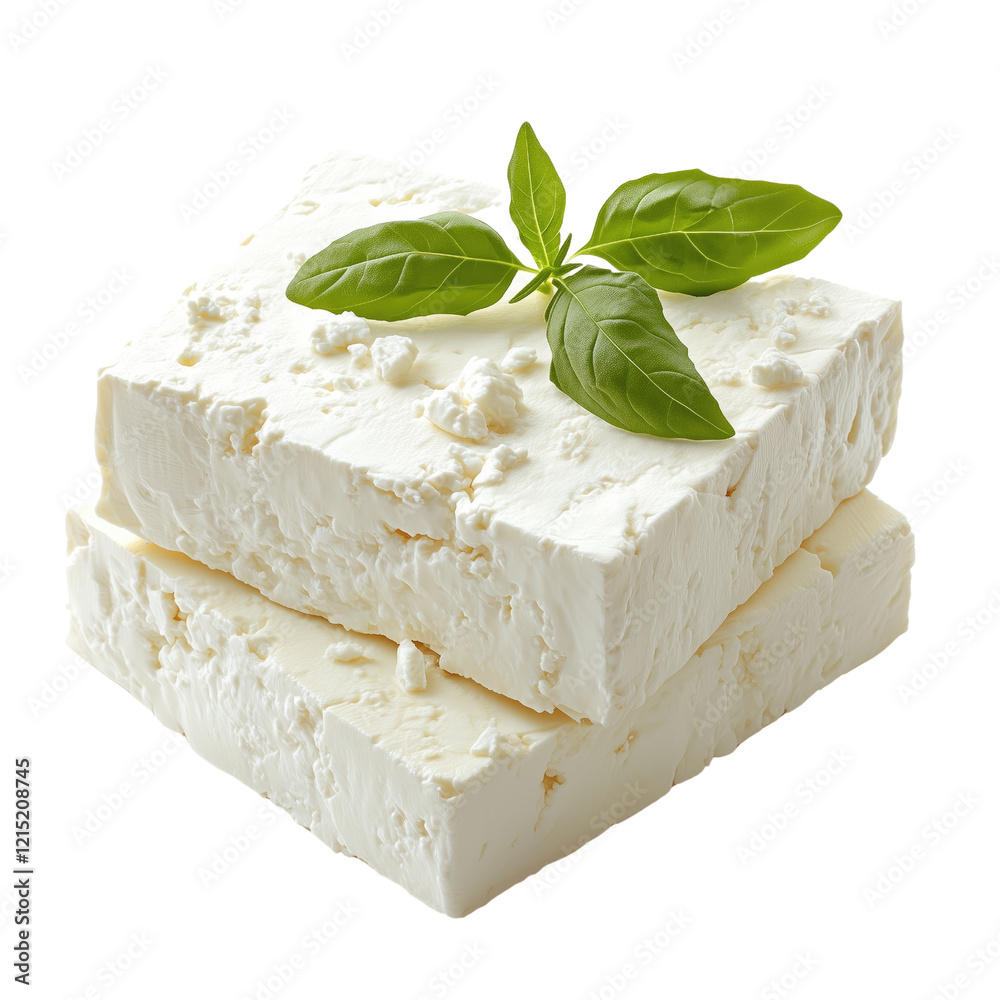 Fototapeta premium Fresh feta cheese cubes with basil leaves on white or transparent background