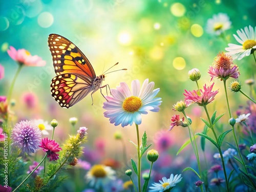 Pastel Floral Background with Butterfly, Macro Wildflower Photography, Summer Meadow, Green Nature, Copy Space