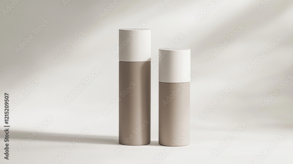 Minimalist design of two beige cosmetic bottles on neutral background Minimalist design of two beige cosmetic bottles on neutral background