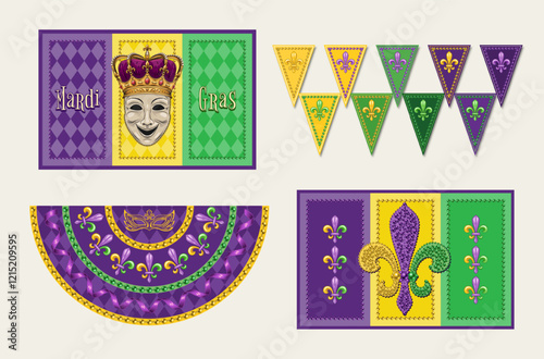 Set of Mardi Gras banners, flags, pennants with comedy face mask, harlequin ornament, beads, Fleur de Lis symbol. Traditional holiday colors. Vintage style
