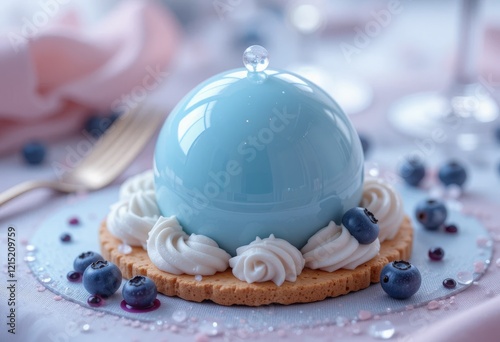A pastel blue velvet orb dessert with a glossy glaze, almond biscuit base, honeycomb mousse, and blueberry coulis, enhanced with sugar dewdrop decorations and soft