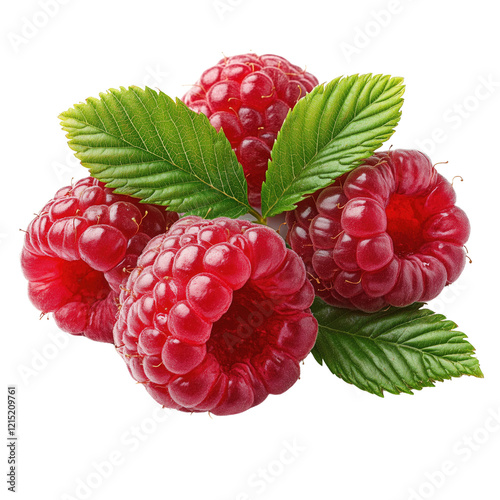 Close up of fresh raspberries with green leaves on white or transparent background