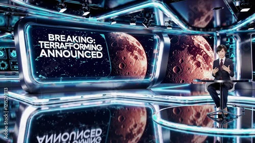 News Presenter with SpaceX Emblem, Modern Studio Setup, Displaying Breaking Space News