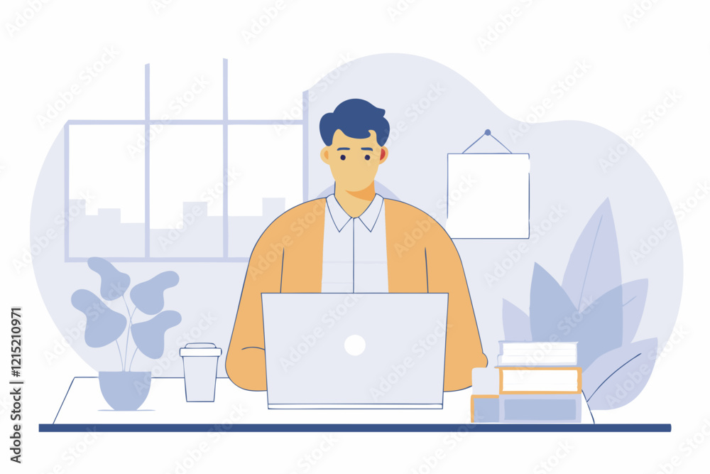 business man working at laptop in the office, casual man, illustration, working people