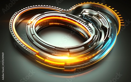 Abstract metallic heart shape with glowing lights.