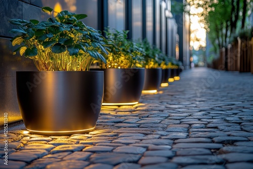 A tranquil cobblestone street bordered by sleek metallic planters glowing in soft golden light photo