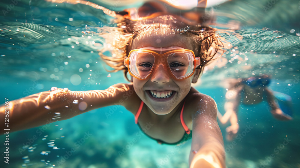Fototapeta premium Smiling young girl wearing orange goggles enjoys a sunny swim underwater
