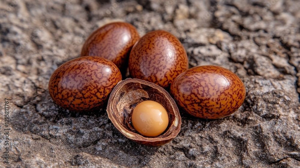 Obraz premium Organic Brown Nuts on Bark - Close-up of four brown nuts on tree bark, one cracked open revealing a light-colored kernel. Natural texture and lighting.