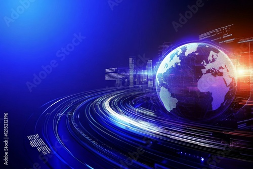 A digital globe encircled by glowing lines, representing connectivity and technology in a futuristic cityscape.