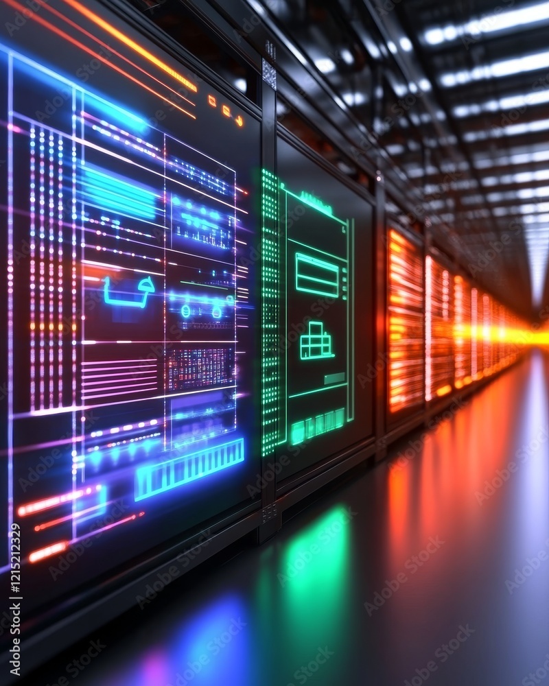 A futuristic data center with illuminated server racks displaying colorful digital interfaces and graphs.