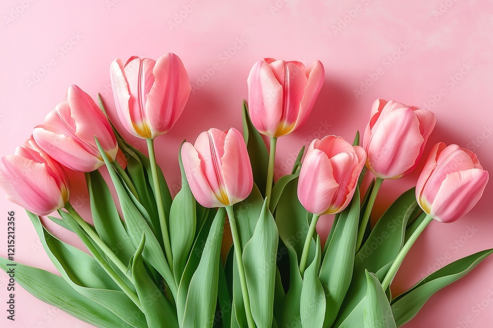 Beautiful composition spring flowers. Bouquet of pink tulips flowers on pastel pink background. Valentine's Day, Easter, Birthday, Happy Women's Day, Mother's Day. Flat lay, top view, copy space Beautiful composition spring flowers. Bouquet of pink tulips flowers on pastel pink background. Valentine's Day, Easter, Birthday, Happy Women's Day, Mother's Day. Flat lay, top view, copy space