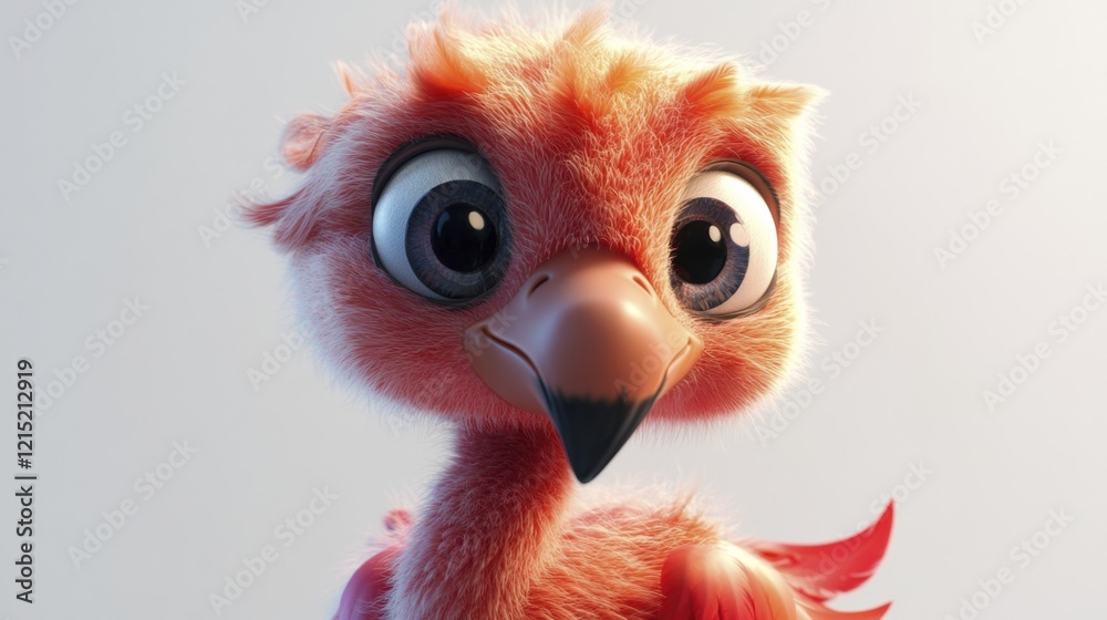 Fototapeta premium Cute cartoon bird with big eyes and fluffy red feathers