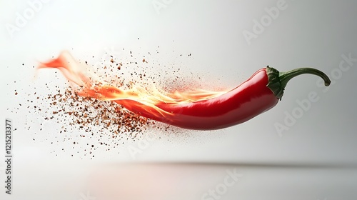 Fiery red chili pepper flying, spice particles, white background, food ad photo