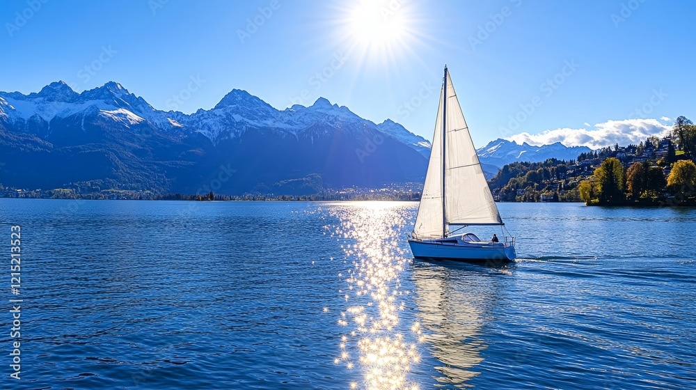 Obraz premium Sailboat on Mountain Lake - A sailboat glides across a calm lake, with majestic snow-capped mountains in the background under a bright sun.