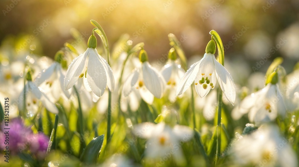 Fototapeta premium Close-up of first snowdrop buds in the snow on a sunny glade