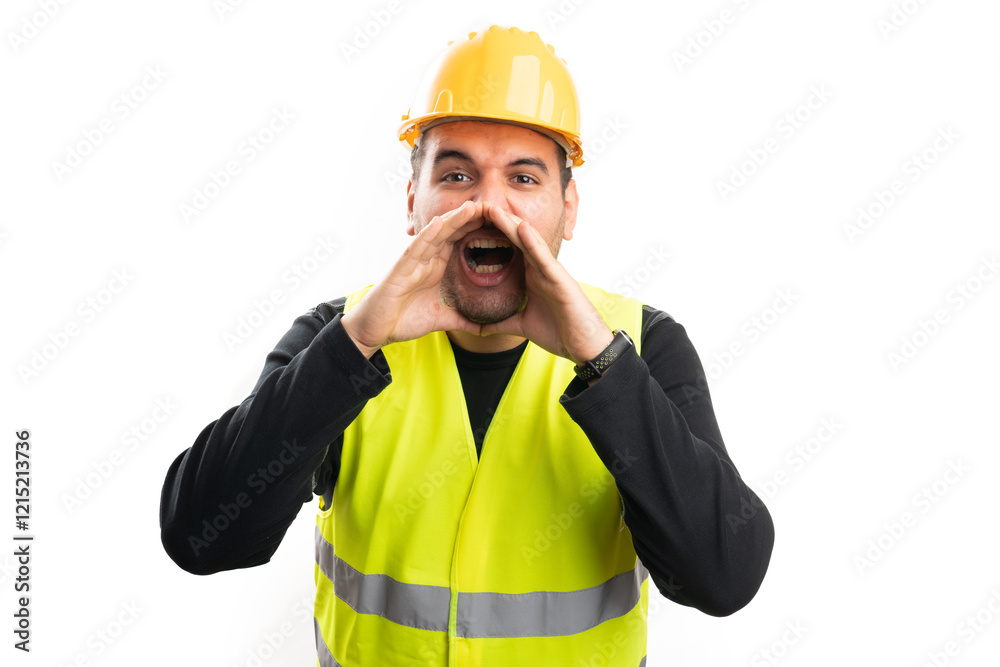 Builder man with excited expression making shouting gesture Builder man with excited expression making shouting gesture