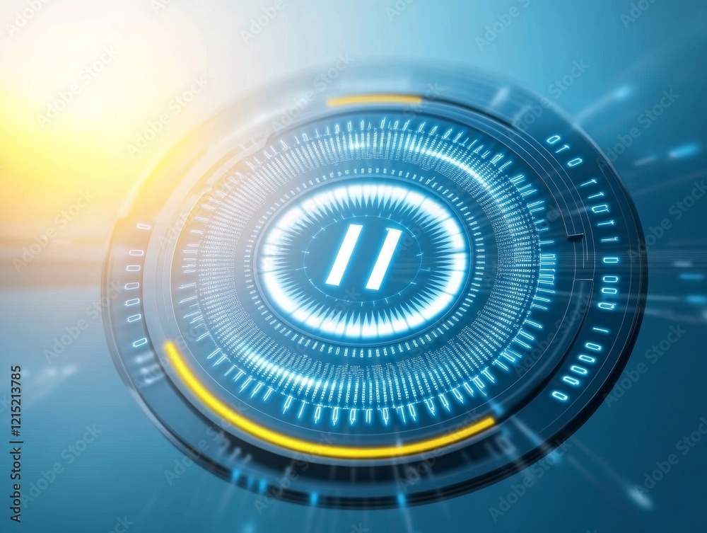 A futuristic button with a play/pause design, surrounded by glowing digital patterns and light effects, symbolizing technology and control. A futuristic button with a play/pause design, surrounded by glowing digital patterns and light effects, symbolizing technology and control.
