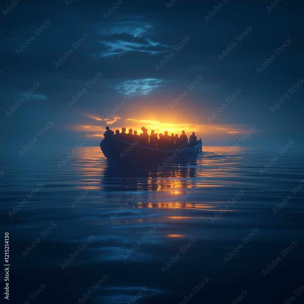 Refugees on a big rubber boat in the middle of the sea that require help. Migrants crossing the sea. Ai generative Refugees on a big rubber boat in the middle of the sea that require help. Migrants crossing the sea. Ai generative