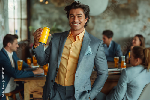 A man in a suit holding a can of soda in front of a group of people