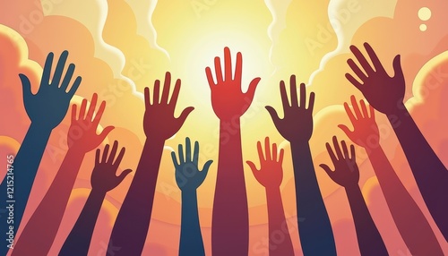  Diverse hands reaching upward in unison, symbolic of unity and support