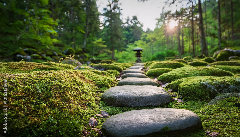 Tranquil forest path paved with stepping stones, surrounded by rocks blanketed in soft moss.