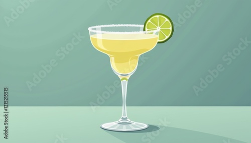Classic margarita glass with lime wedge and salt rim in flat color design with smooth gradients