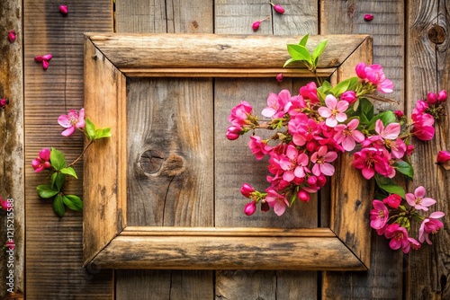 Pink Flowers in Rustic Wooden Frame - Spring Floral Background Stock Photo