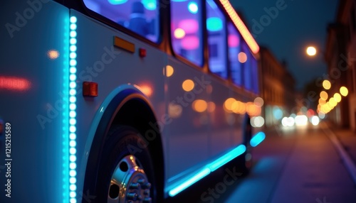 A close-up of the exterior of a party bus with bright LED lighting along the sides, featuring a clean, modern design, and no background distractions, realistic photography