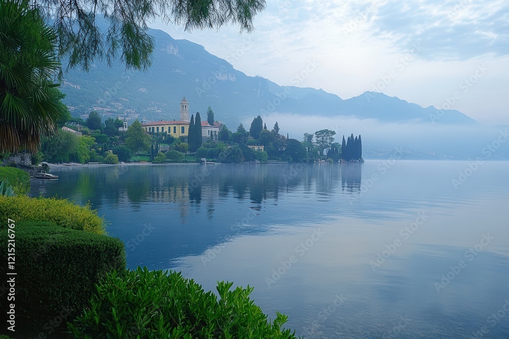 Fototapeta premium Fog blankets Lake, highlighting serene waterfront and lush vegetation at dawn