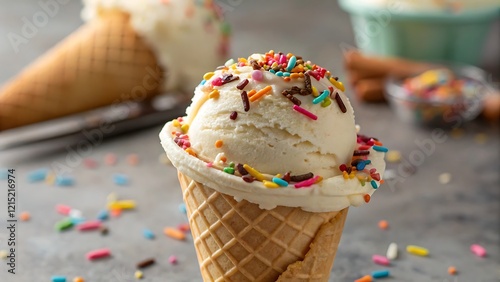 A mouthwatering close-up of a colorful ice cream cone topped with sprinkles. photo