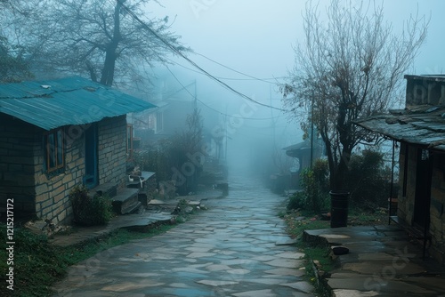 Fog envelops a serene village with stone pathways and rustic buildings in tranquil surroundings photo