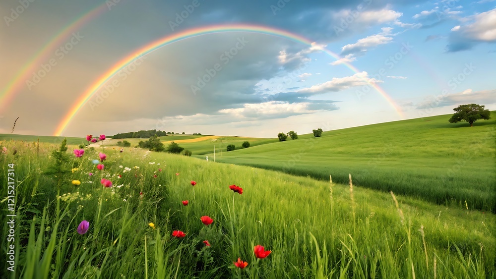 Naklejka premium A photostock image showcasing a vibrant rainbow arching over a lush green field against a clear blue sky.