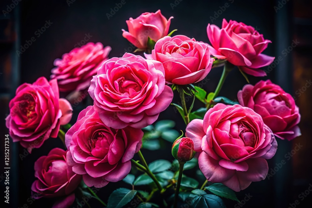 Obraz premium Pink Roses Blooming Against Dark Background - Dramatic Architectural Photography