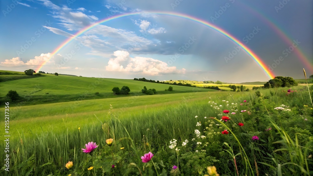 Naklejka premium A photostock image showcasing a vibrant rainbow arching over a lush green field against a clear blue sky.