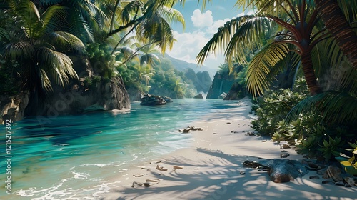 A lush tropical beach scene with crystal-clear water, white sand, and palm trees gently swaying in the breeze, offering a tranquil escape