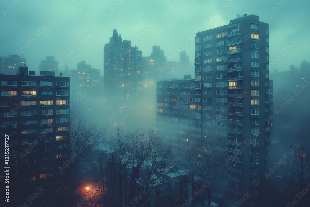 Fototapeta premium Fog envelops city buildings creating a mysterious atmosphere at dusk