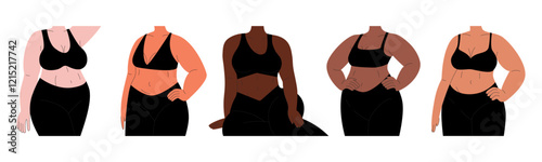 Curvy diverse women in a black skin tight suit. Plus size female figures with different shapes, minimalist woman silhouettes for beauty logo design. Vector isolated set