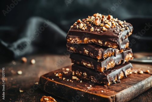 A stack of chocolate-covered caramel toffee topped with chopped nuts on a rustic wooden board with a dark, dramatic background photo