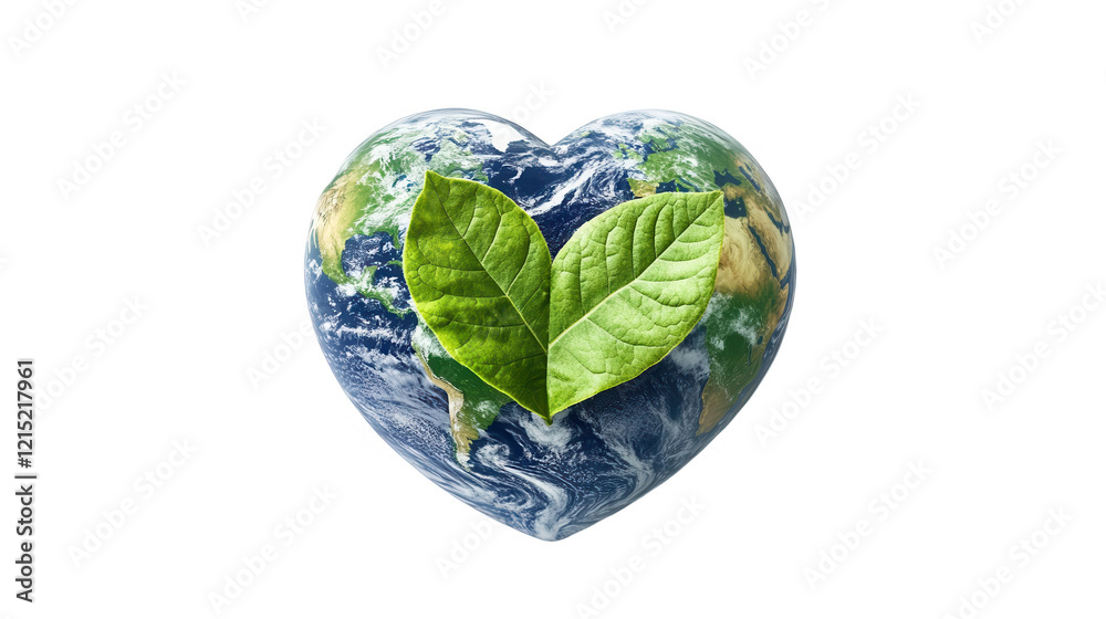 Earth Day PNG file, planet Earth design with a heart of leaves, symbolizing love for the planet, isolated on white Earth Day PNG file, planet Earth design with a heart of leaves, symbolizing love for the planet, isolated on white