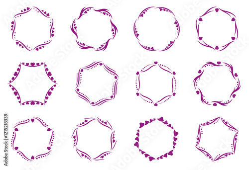 Set of twelve decorative frames with wavy lines, dots and hearts. Round borders in lilac color. Holiday frames for Valentine's Day or wedding. Vector circle pattern made of decorative elements. 