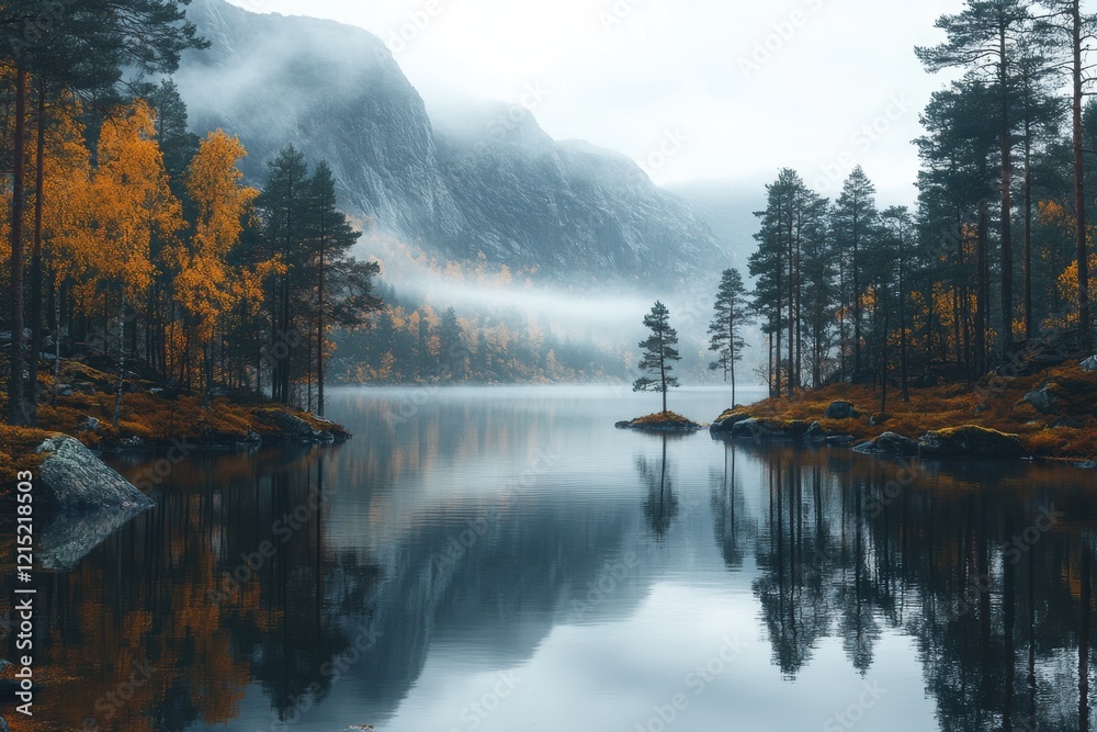 Fototapeta premium Misty Morning Over a Serene Lake