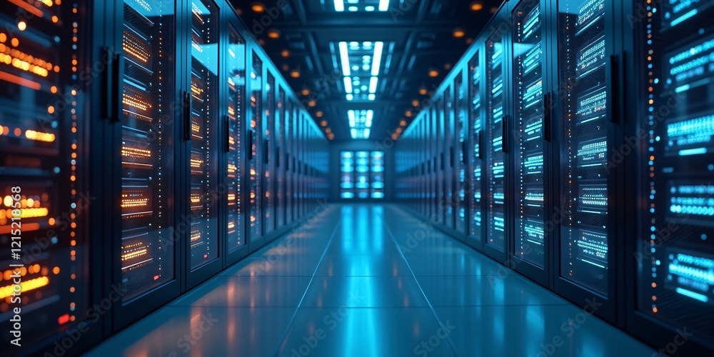 Obraz premium Internet Connection network in servers data center room storage systems. High-tech server room data center with rows of computer racks storing vast amounts of information