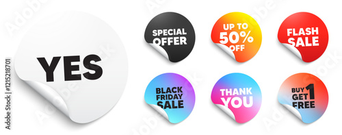 Yes sticker tag. Special offer paper price tags. Yes text tag. Approved ok message. Done or Good deal symbol. Discount, black friday sticker. Promo banner. Vector