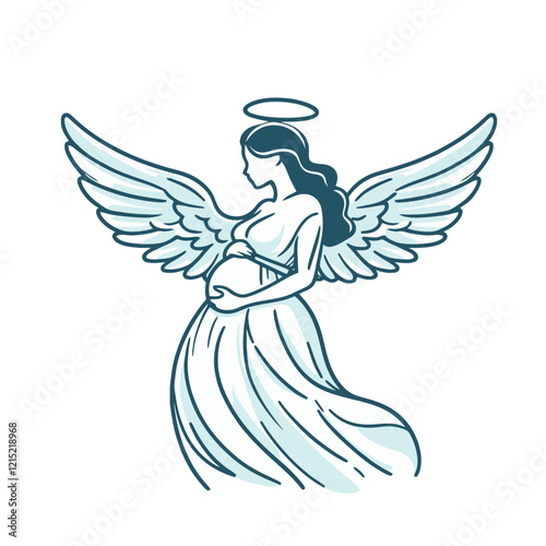 Elegant pregnant angel with wings and halo, looking up with hope, wearing a long flowing dress. Isolated vector illustration.