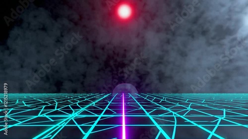 Cyberpunk Grid Scene with Neon Lights, Floating Object, and Retrofuturistic Texture in Dark Background for Art or Game Concept