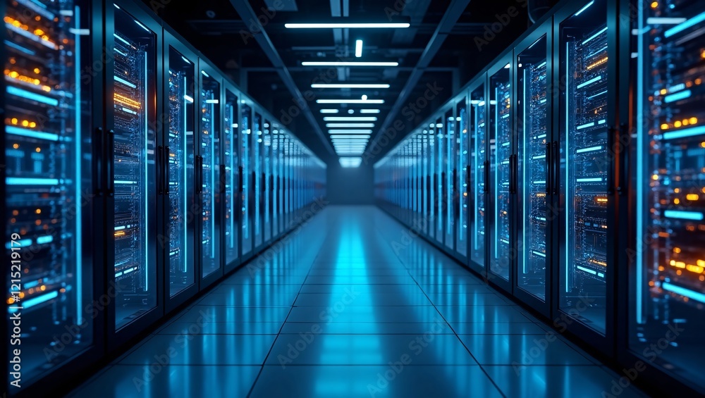 Fototapeta premium Internet Connection network in servers data center room storage systems. High-tech server room data center with rows of computer racks storing vast amounts of information